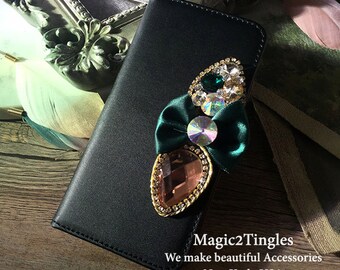 Beautiful Elegant Classic Iridescent Rainbow Crystal Bow Leather Wallet Case For iPhone 5C Made w/ Colorful Rhinestone Crystal Diamonds