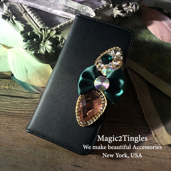 Beautiful Elegant Classic Iridescent Rainbow Crystal Bow Leather Wallet Case For iPhone 5C Made w/ Colorful Rhinestone Crystal Diamonds