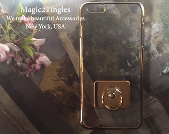 Chrome Frame Back Cover Case with Gold Metal 360 Degree Rotation Finger Ring Kickstand For All iPhone