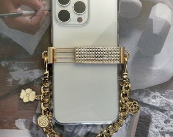 Brazalete Metal Adjustable Phone Back Clip Gold Short Chain Lanyard, Unique Beautiful Portable Universal Size For All iPhond Devices