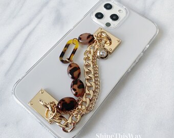 Classic Elegant Geometric Amber Resin Wristlet Wrist Chain Gold Hooks Candyshell Cover Case For All iPhone Models Stunning Beautiful