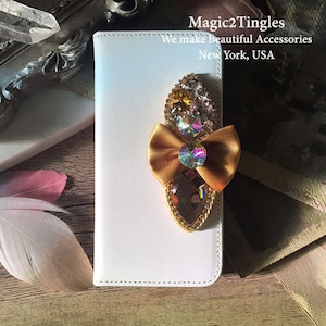 Victorian Elegant Classic Design Unikat Wunderschöne Regenbogen Kristall Schleife Leder Portemonnaie Hülle für iPhone 8 7 6s SE 5S PLUS