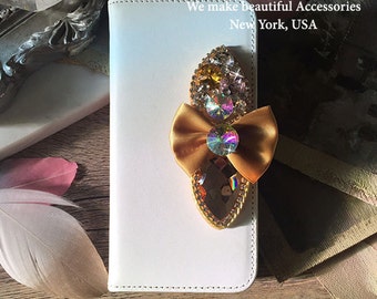 Victorian Elegant Classic Design Unique Beautiful Rainbow Crystal Bow Leather Wallet Case For iPhone 8 7 6s SE 5S PLUS