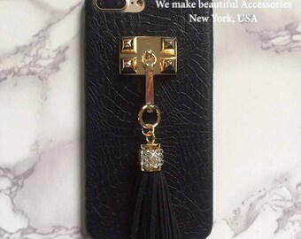 Classic Alligator Pattern Cover Case w/ Gold Studs Ring Hook Sparkle SWAROVSKI Crystal Bling Tassel Key Chain For All iPhone Models