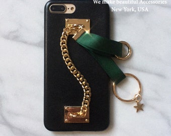 Glamorous Gold Metal Chain w/ Pink or Green Ribbon Star Keychain Wristlet Wrist Lanyard Vegan Leather Hook Rings Case For All iPhone Unique