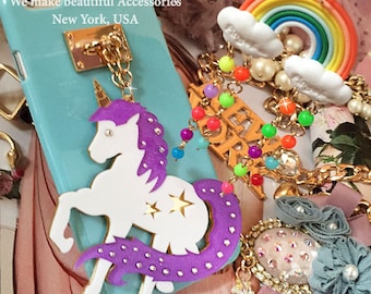 Beautiful Star Magic Unicorn Gold Chain Charms Pastel Candy Shell Case Made w/ CRYSTALLIZED™ Swarovski Elements For All iPhone