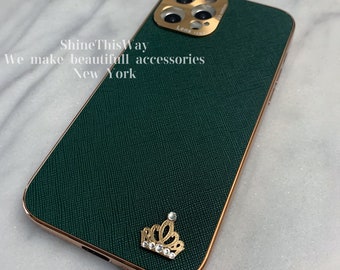 Sparkle Gold Crown Luxury Designer Inspired Leather Gold Frame Hard Case Made with Swarovski Crystals For All iPhone 12 Pro Max Mini