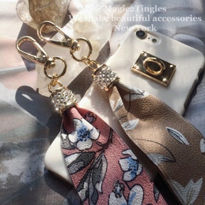 Floral Pattern Fabric Key Fob Keychain Wristlet Key Holder Universal Strap For iPhone / Wallet Made w/ SWAROVSKI Crystals