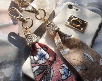 Floral Pattern Fabric Key Fob Keychain Wristlet Key Holder Universal Strap For iPhone / Wallet Made w/ SWAROVSKI Crystals