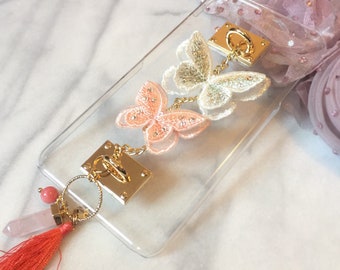 Delightful Spring Butterflies Chain Rose Quartz Crystal Tassel Gold Hooks Wristlet Wrist Chain Hard Case For All iPhone or Samsung Models