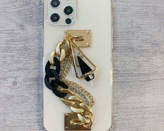 Simple Stylish Black Gold Wrist Chain Black Rhinestone Hard Shells Clip-On Cover Case for All iPhone Models