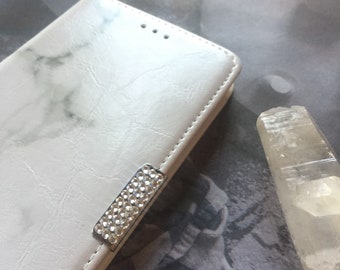 Classic White Grey Marble Granite Pattern Flip Open Photo Credit ID Card Wallet Case Made w/ Swarovski Crystals For iPhone X XS 7 or 8