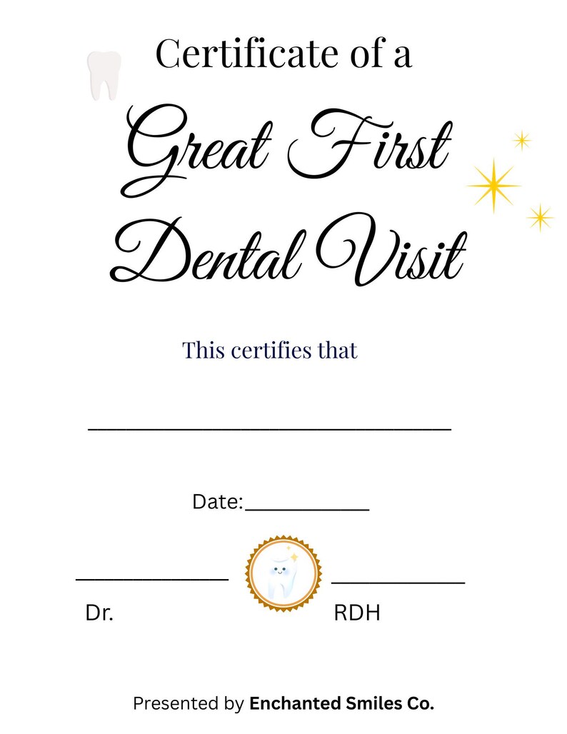 Tooth In Script First Dental Visit Certificate Printable - Etsy