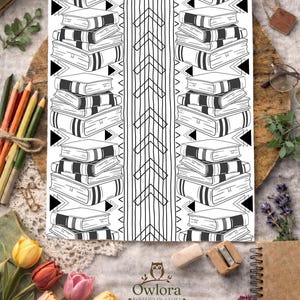 May include: Black and white patterned design featuring stacks of books and an arrow-like pattern. The design is on a white background, with colorful pencils, tulips, and the text "Owlora - Rooted in Story" in the image.