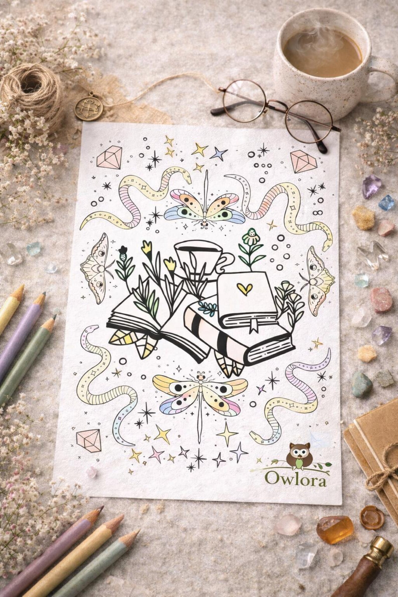 Witchy Bookish Coloring Page Printable | Cozy Fantasy Coloring Sheet ...