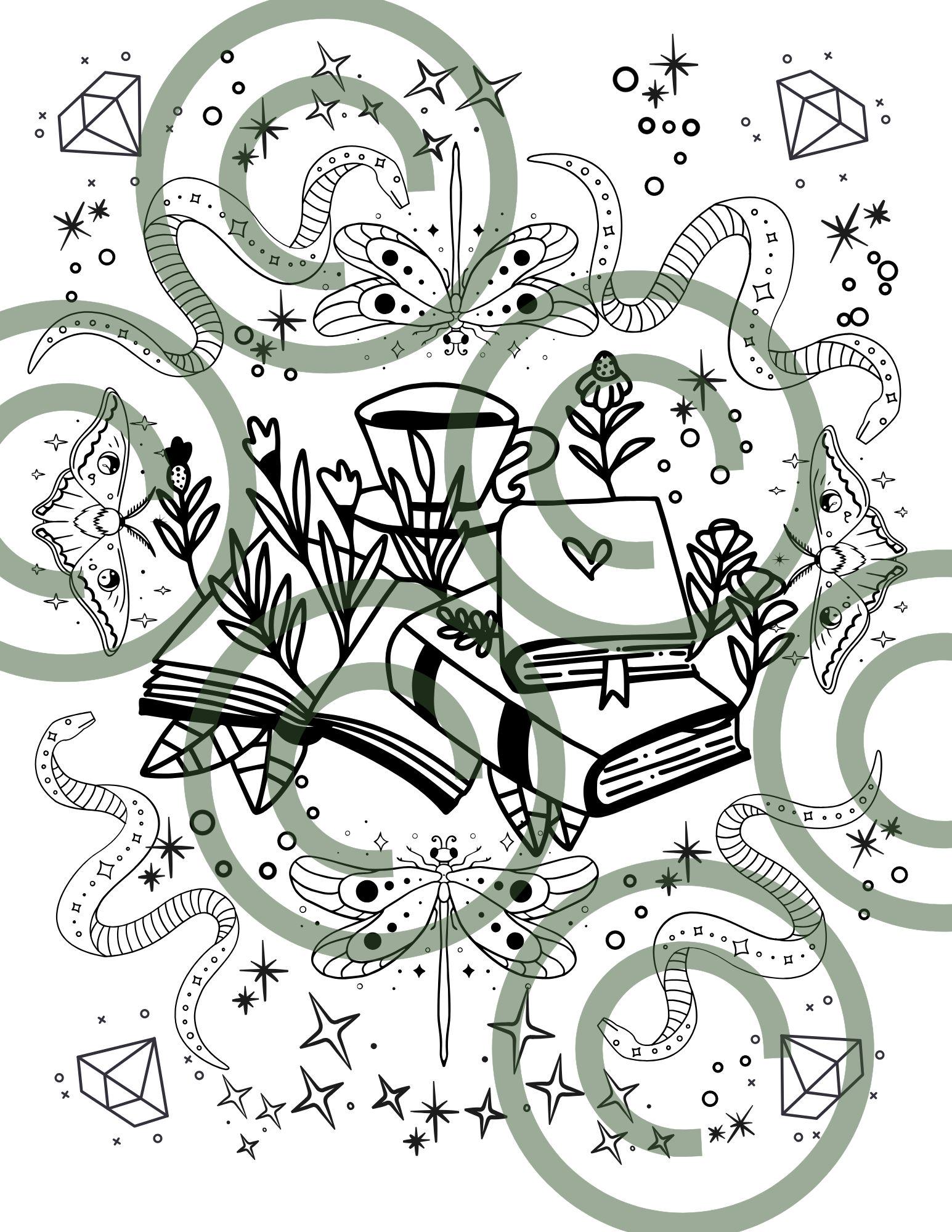 Witchy Bookish Coloring Page Printable | Cozy Fantasy Coloring Sheet ...