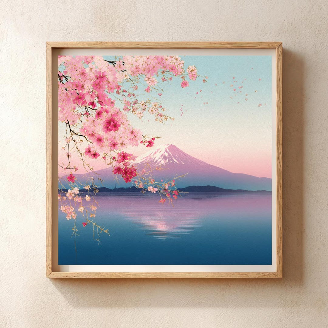 Mount Fuji Cherry Blossom Spring Lake Reflection Japanese Landscape Art ...