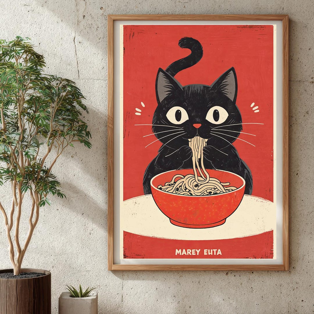 Black Cat Ramen Poster – Retro Japanese Style Art Print - Etsy