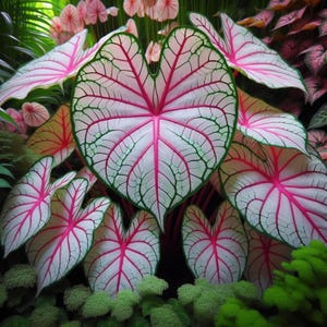 Op de afbeelding: Close-up van Caladium planten met grote, hartvormige bladeren. De bladeren zijn voornamelijk wit met levendige roze aderen en randen, wat een opvallend contrast creëert. Groene stelen en het omringende gebladerte voegen diepte toe. De planten staan in een tuin.