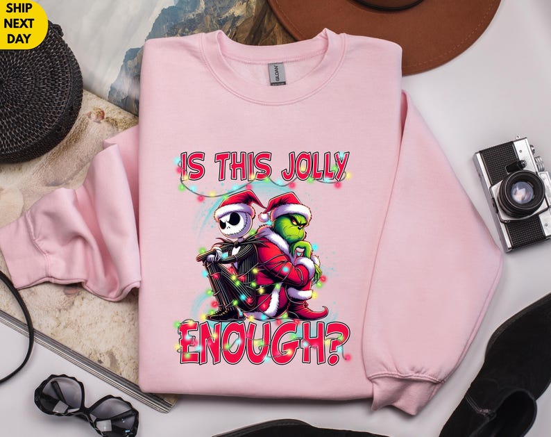 Is This Jolly Enough Shirt,Funny Grinch Xmas Tee,Jack Skellington Christmas Shirt,Holiday Movie Mashup Gift,Funny Xmas Top,Holiday Movie Tee image 6
