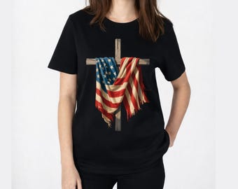 Christian Gift for Him Her,American Cross Patriotic Shirts,USA Flag Drape Cross Shirts,Independence Day Faith Shirts,Memorial Day T-shirt