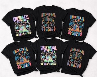 Camisetas de vacaciones familiares de Universal Studios, camiseta retro de viaje a Universal, camiseta con personajes de películas coloridas, camiseta de Mundo Mágico y Minions, viaje a Universal