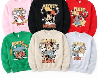 Sudadera de vacaciones familiares de Mickey, sudadera personalizada con capucha de viaje familiar a Disney 2026, sudadera retro a juego con la familia de Disneyland, Mickey y sus amigos a cuadros
