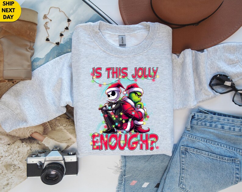 Is This Jolly Enough Shirt,Funny Grinch Xmas Tee,Jack Skellington Christmas Shirt,Holiday Movie Mashup Gift,Funny Xmas Top,Holiday Movie Tee image 5