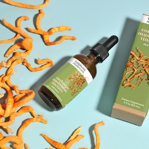 May include: A brown glass bottle with a dropper and a green label with the text "cordyceps mushroom tincture" and a box with the same text. Orange cordyceps mushrooms are scattered around the bottle and box. The bottle contains 2 fl oz (60 ml).