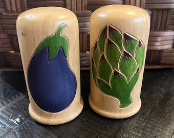Handmade Wooden Salt & Pepper Shaker Set  Eggplant Artichoke