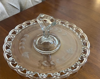 Vintage Lancaster Glass Open Lace Clear Tidbit Tray with Center