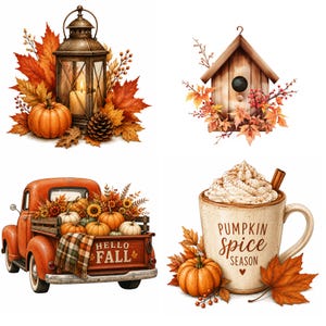 May include: A collection of four autumn-themed illustrations featuring a lantern with a candle and pumpkin, a wooden birdhouse with foliage, an orange pickup truck with the text HELLO FALL, and a mug with whipped cream labeled PUMPKIN SPICE SEASON.