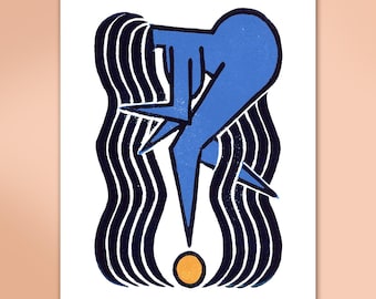 Limited Linocut Print Flowing Hair Figure Art Reproduction