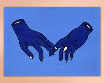 Grafika artystyczna Sapphic, seria „Dotyk dłoni” w kolorze niebieskim i monochromatycznym autorstwa Jae Moo