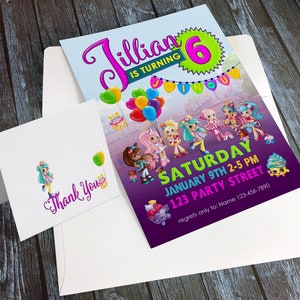 DIGITAL FILE- Shopkins Invitación 5x7 con tarjeta de agradecimiento 4.25x5.5 - Cualquier tipo de evento