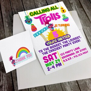 ARCHIVO DIGITAL- Trolls Invitación 5x7 con tarjeta de agradecimiento correspondiente 4.25x5.5 - Cualquier tipo de evento