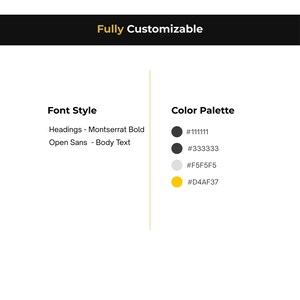 以下が含まれることがあります： Fully Customizableと題されたグラフィックデザインガイド。見出しにMontserrat Bold、本文にOpen Sansを使用するFont Styleの詳細と、#111111、#333333、#F5F5F5、#D4AF37の4つの円形カラーチップを表示するColor Paletteが記載されています。
