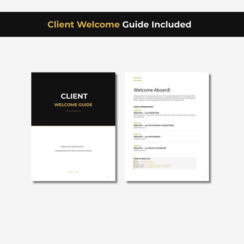 以下が含まれることがあります： Client Welcome Guideと書かれた白黒の表紙と、Welcome Aboardというタイトルの内ページで構成されるデジタルクライアント向けウェルカムガイドテンプレート。プロジェクトのステップや連絡先情報が黒と黄色の配色で記載されています。