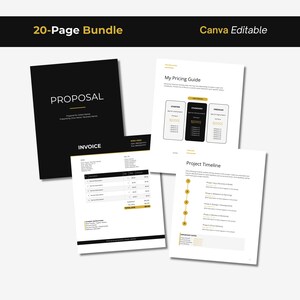 Puede incluir: Un paquete de 20 páginas de documentos comerciales con un diseño en blanco y negro con detalles en amarillo. Las páginas incluyen una portada de propuesta, una factura con instrucciones de pago, una guía de precios y un cronograma.
