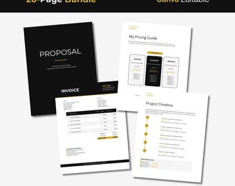 May include: A 20-page business document bundle featuring a black and white design with yellow accents. The pages include a proposal cover, an invoice with payment instructions, a pricing guide with three service tiers, and a project timeline.