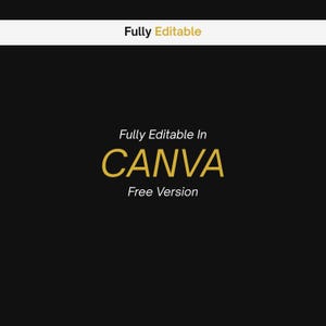 以下が含まれることがあります： 黒い背景に白と金の文字で、上部にFully Editable、中央にFully Editable In CANVA Free Versionと書かれたグラフィック。テキストは、無地の黒い背景に対して、すっきりとしたサンセリフフォントで表示されています。