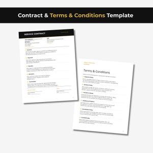 以下が含まれることがあります： Contract & Terms & Conditions Templateというタイトルのデジタル文書テンプレート。黒と黄色のテキストが記載された2枚の白いページが表示されています。左側のページはサービス契約書で、右側のページには利用規約が記載されています。