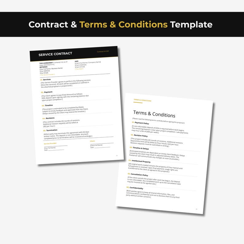 以下が含まれることがあります： Contract & Terms & Conditions Templateというタイトルのデジタル文書テンプレート。黒と黄色のテキストが記載された2枚の白いページが表示されています。左側のページはサービス契約書で、右側のページには利用規約が記載されています。