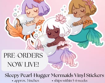 Pre-order: Sleepy Pearl Mermaid Sticker Set / Kawaii Pastel Stickers / Cute Ocean Vinyl Decals / Laptop Journal Decor / Mermaid Gift