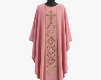 Rose Chasuble with Pax Cross Embroidery Satin Gothic Vestment Catholic Priest Gaudete Laetare Mass