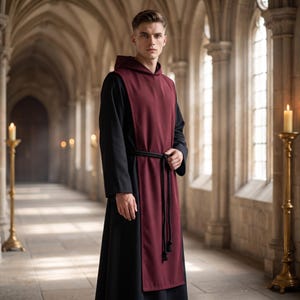 May include: A black hooded robe with a burgundy over-robe and a black rope belt. The robe is worn in a stone hallway with arched windows and lit candles.
