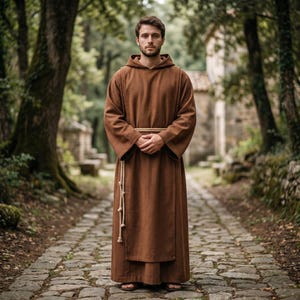 May include: A brown hooded robe with a rope belt, worn by a person standing on a stone path. The robe has long sleeves and a floor-length hem. The background features trees and a building.