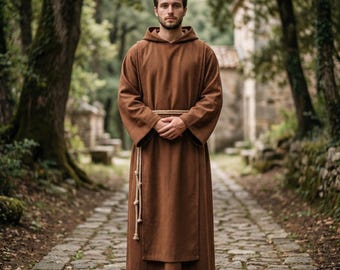 Brown Cotton Monk Habit with Hood and Pockets Franciscan Religious Robe Hooded Friar Custom Made