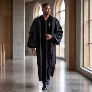 May include: A black academic-style robe featuring a wide velvet front panel and three velvet bars on each sleeve. A gold embroidered cross is positioned on the upper left chest. The garment has long, full sleeves and a structured, floor-length design.