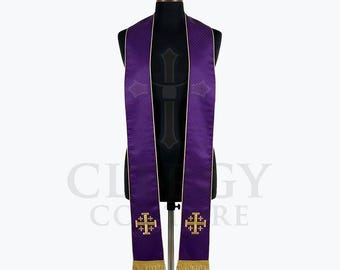 Estola clerical morada con cruz bordada en oro y flecos / Vestimenta litúrgica para pastor, sacerdote, diácono / Regalo de estola de iglesia para Adviento y Cuaresma